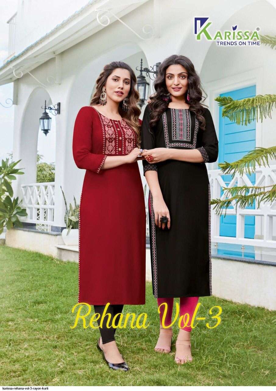 REHANA VOL 3 PREMIUM RAYON LIVA TAGS THREAD WORK AND HANDWORK KURTI WITH POCKET AND OTHER PATTERNS BY KARISSA POSTER